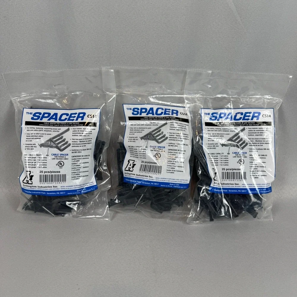 Lot of 3 - Arlington Non-Metallic Low-Voltage Cable Spacers w/Nail 25 pcs New